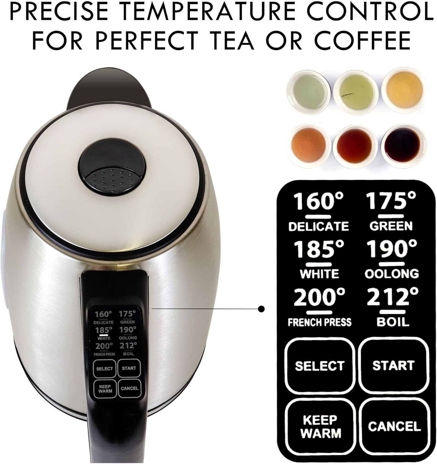 Kenmore Kettle - Digital Cordless Electric Kettles for Instant hot tea & coffee stainless steel automatic shut-off temperature control for boiling water spout filter countertop kitchen appliance 1.7L