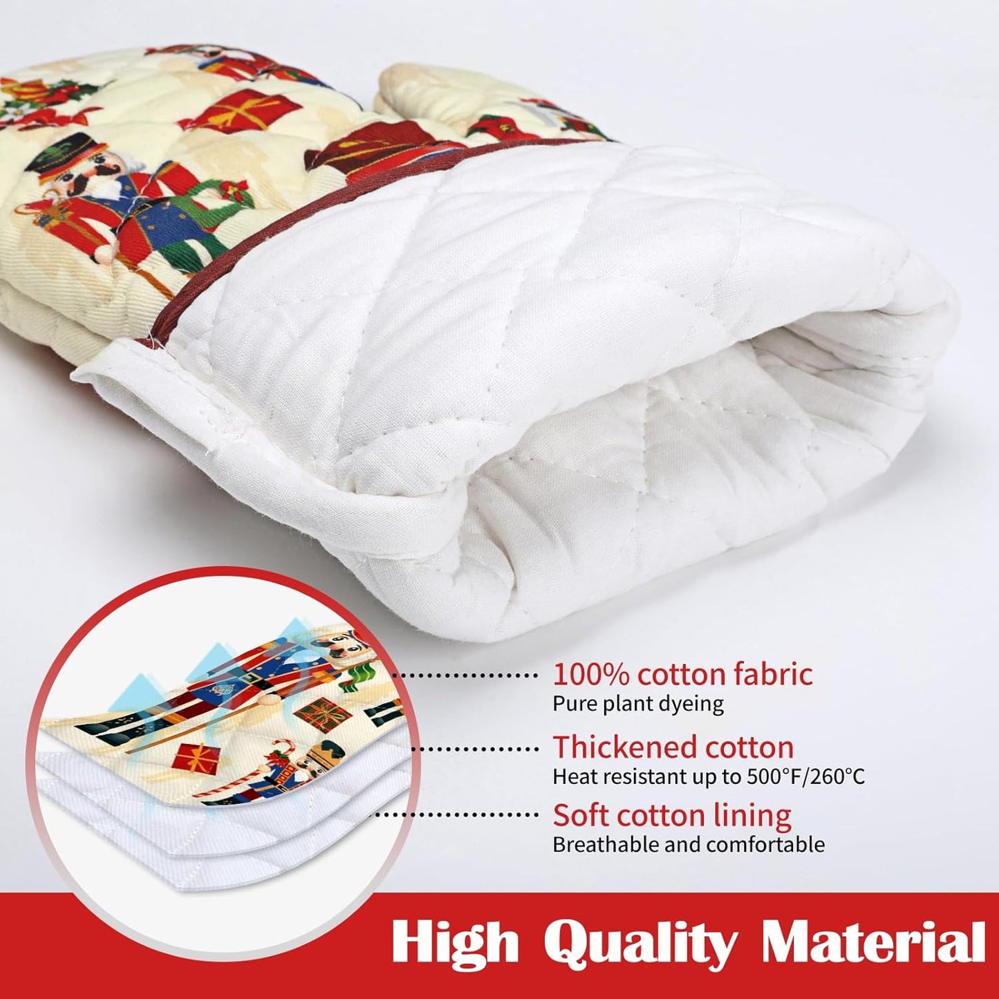 Christmas Nutcracker Oven Mitts and Pot Holders Sets 2Pcs, 100% Cotton Heat Resistant, Extra Long Oven Gloves Potholder for Kitchen Cooking Baking Decoration