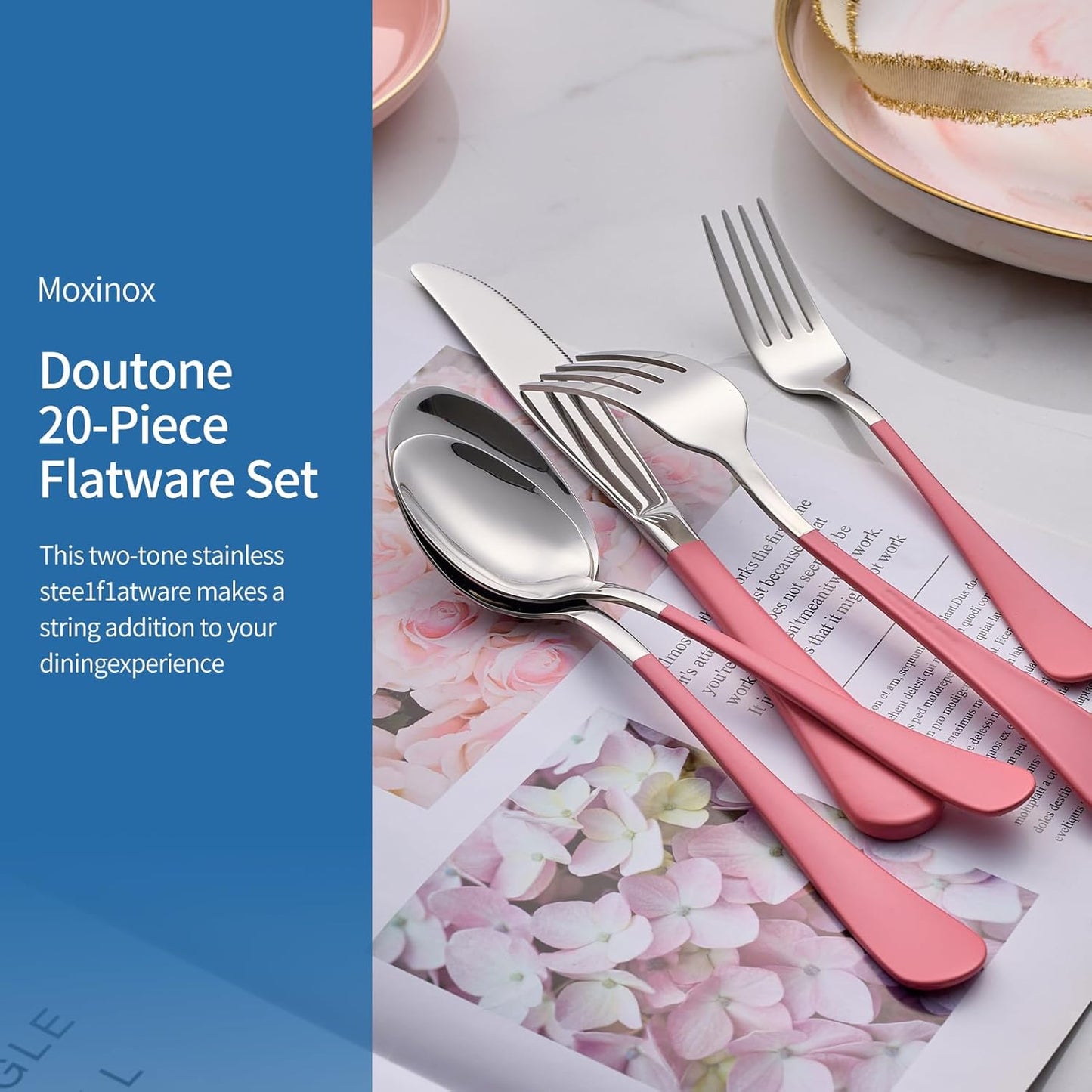 20-Piece pink Silverware Set, 18/0 Stainless Steel pink Handle Flatware Set, Service for 4, Modern Cutlery Set Includes Dinner Knives Forks Spoons, Mirror Polished, Dishwasher Safe