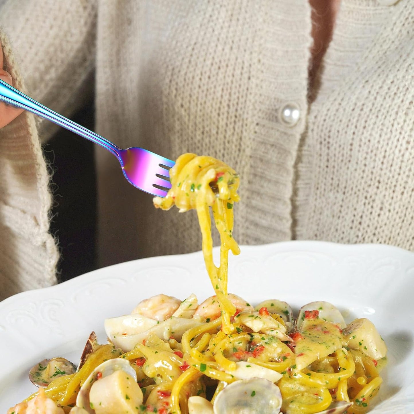 Colorful Forks Spoons Knives Silverware Rainbow Flatware Set for 4 Kitchen 20 Pieces Stainless Steel Cutlery Modern Eating Utensils Double Line Edges Handle