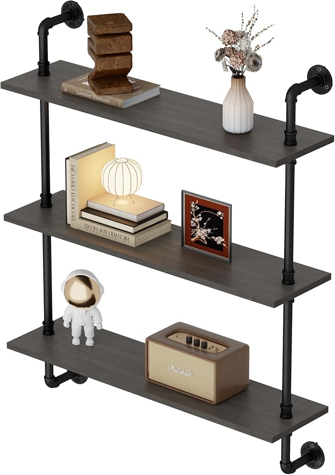 3-Tier Industrial Pipe Floating Shelf – Rustic 24 inch Wood Wall-Mounted Storage Shelf for Kitchen Office,Bathroom & Home Decor -Black