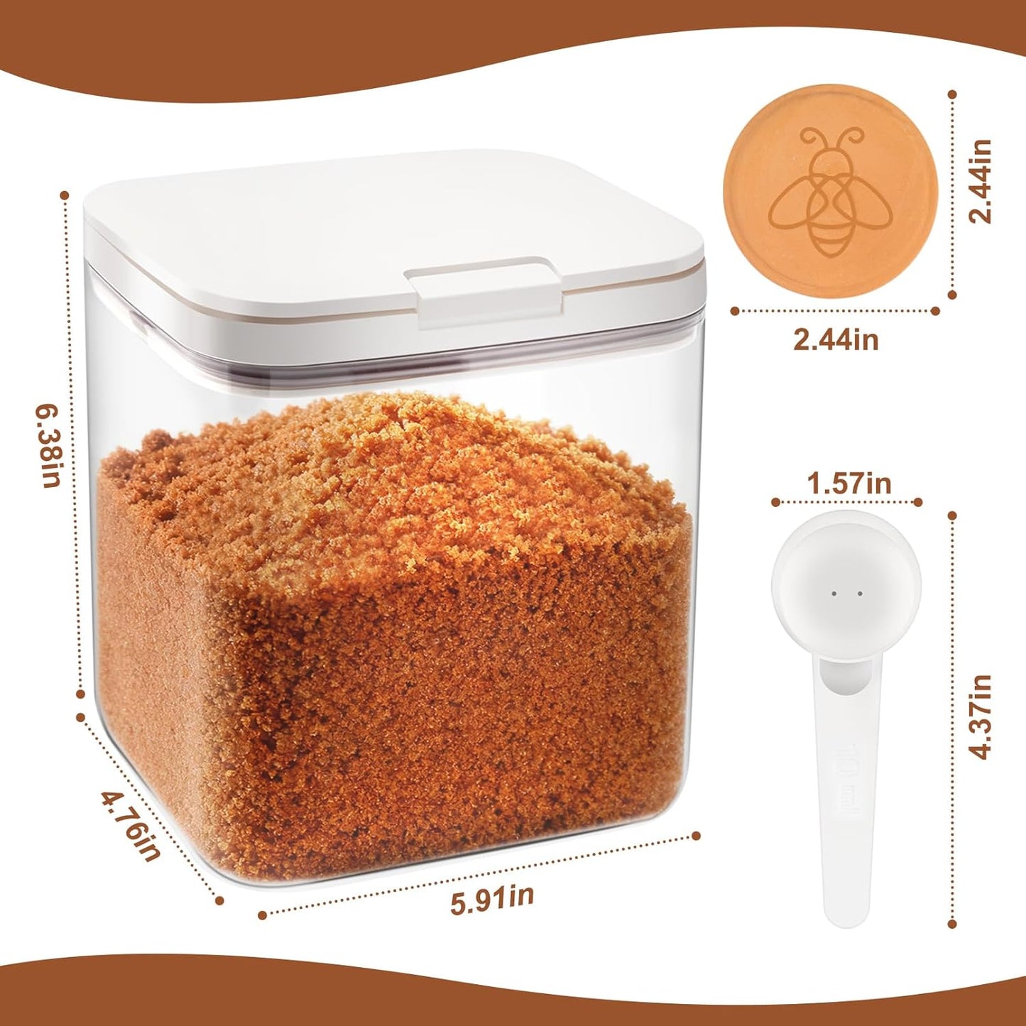 Airtight Brown Sugar Keeper Containers 2.1Qt/2000ml，As Plastic Clear Food Storage Jars with Terra Cotta Brown Sugar Savers and Spoon Moisture-Proof Kitchen for Storing Food/Spices/Candies/Coffee Bean