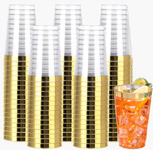 I00000 100 Pack 14 oz Gold Plastic Cups, Gold Disposable Cups Tumblers, Disposable Plastic Wine Glasses Cocktail Glasses Perfect for Wedding, Halloween, Thanksgiving, Christmas Parties