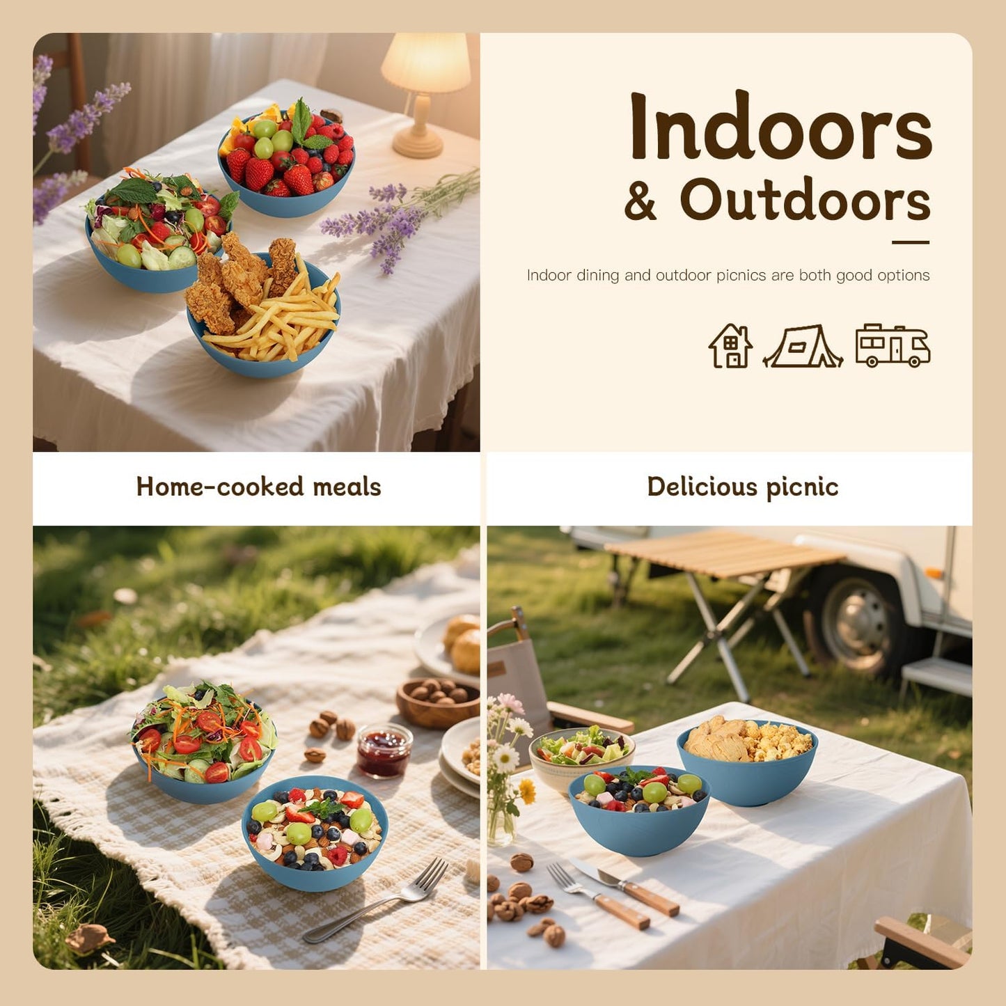 Wrova Wheat Straw Salad Bowls for Kitchen set of 6,Anit-Scald Thick Soup Bowls 40oz,Microwave and Dishwasher Safe Bowl set easy to clean. Blue