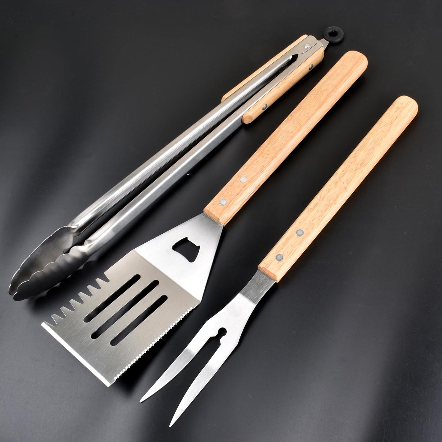 3 Piece Barbecue Tool Sets,Heavy Duty Stainless Steel and Wooden Handles BBQ Tool Sets,Grill Accessories,Grilling Spatula,Fork,Tongs for Outdoor Grill Cooking (Large BBQ Tools Set-3P)