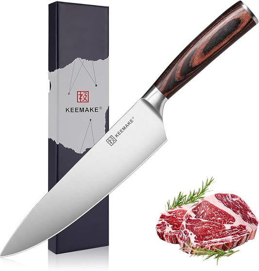 KEEMAKE Chef Knife 8 inch - Sharp Kitchen Knife High Carbon Stainless Steel Blade, Gyuto Knife Ergonomic Wood Handle, Professional Chef’s Knife for Home Kitchen and restaurant