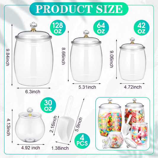 Nuogo 4 Pcs Plastic Candy and Cookie Jars with Lids Clear Cookie Container Candy Jars Large Airtight Apothecary Storage Organization for Wedding Home Kitchen Bar(30/42/64/128 oz)