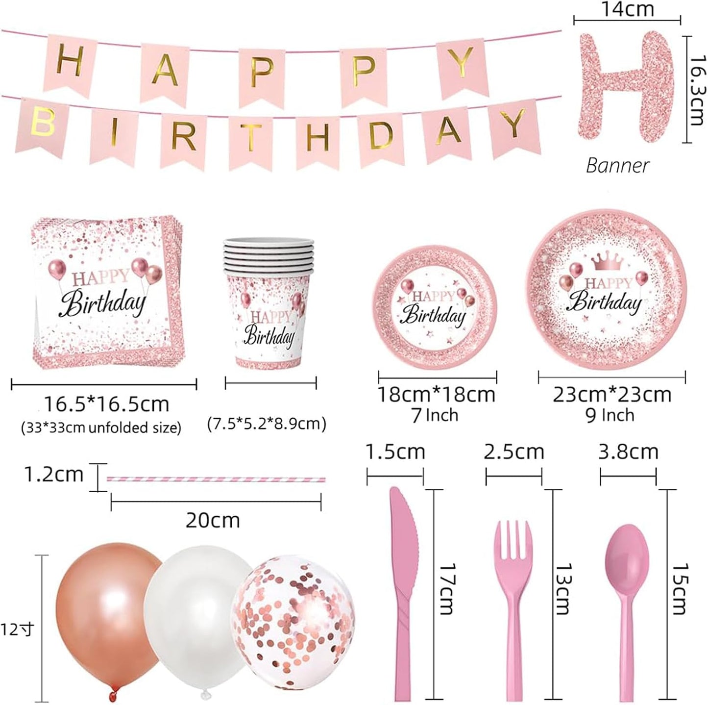 212Pcs Pink Rose Gold Plates Napkins Birthday Party Supplies Disposable Birthday Dinnerware Set,Girls Birthdays Party Plates Pink Sets With Banners Cups Forks knives Spoons Tablecloth Balloon Serve 24