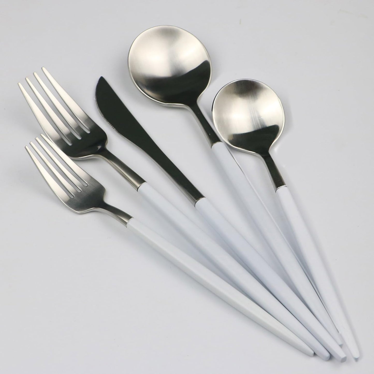 5-Pieces Luxury White Handle Silver 18/10 Stainless Steel Flatware Set, Matte Finish, Service for 1