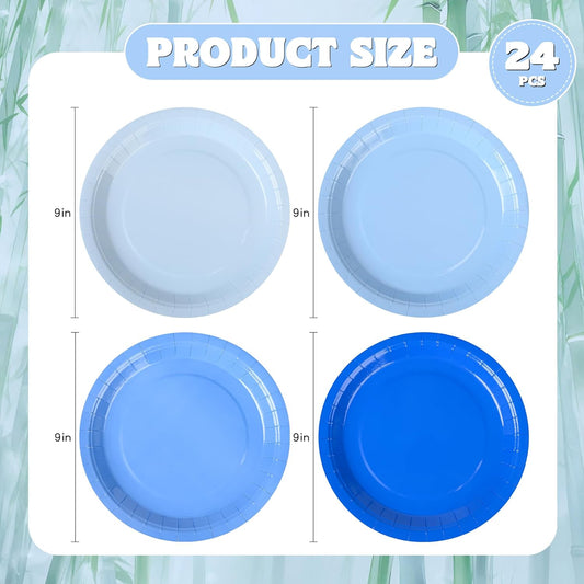 24Pcs Blue Party Plates Gradient Blue Paper Plates 9 Inch Disposable Round Dinner Dessert Plate for Summer Beach Ocean Birthday Wedding Baby Shower Hanukkah Party Supplies