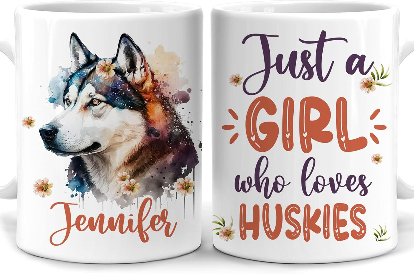 Hyturtle Personalized Gifts Husky Lover - Just A Girl Who Loves Huskies Custom Name Ceramic Coffee Mug Cup 11oz - Idea Cute Dog Lover Gifts For Women, Girl Daughter On Birthday, Christmas