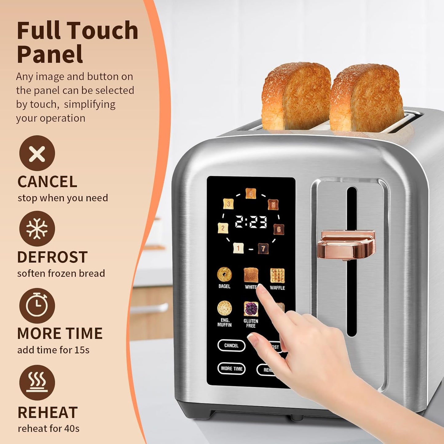SEEDEEM Toaster 2 Slice, Touch Control Stainless Toaster LCD Display, 50% Faster Heating Speed, 1.4'' Wide Slots, More Timer Functions, Removable Crumb Tray, 1350W, Silver Metallic