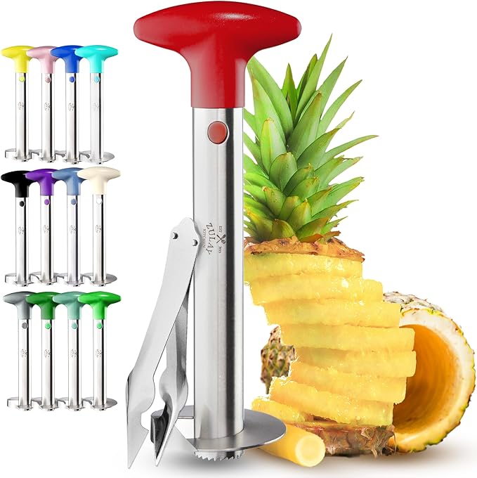 Zulay Kitchen Stainless Steel Pineapple Corer & Slicer – Heavy-Duty Pineapple Cutter with Reinforced Blade & Eye Removal Tool – Effortless Pineapple Core Remover & Slicer - Red