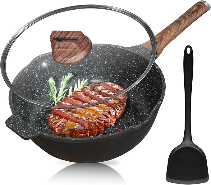 HIARUO Deep Nonstick Frying Pan with Lid, 12 inch Non Stick Skillet Large Sauté Pan Granite Sauce Cookware Cooking Chef Wok Pan with Helper Handle Silicone Spatula, 5.5 QT Induction Compatible, Black