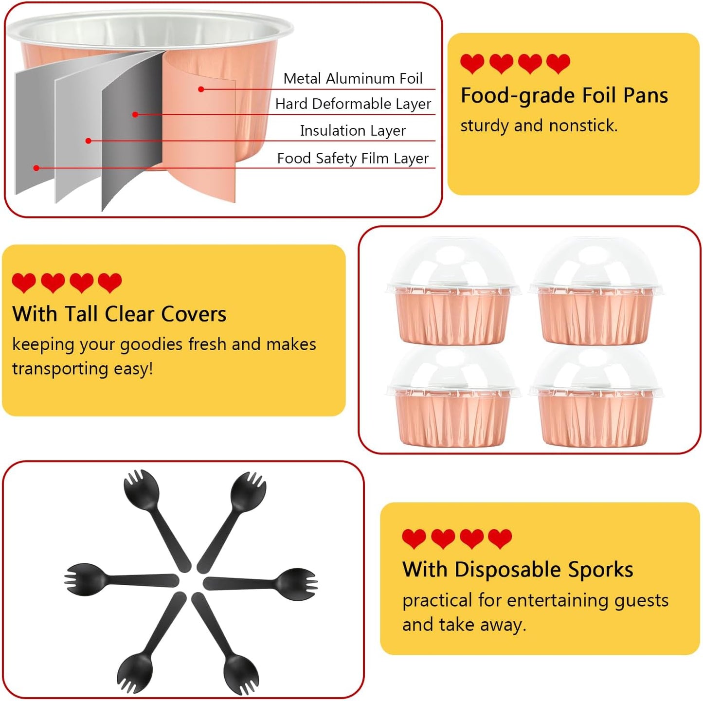 Jumbo 5oz Aluminum Foil Cupcake Liners with Lids 50 Pack,Free-Air Disposable Ramekins Muffin Tin,Mini Cake Baking Pans Muffin Cups,Mini Cupcake Pans Holders -Champagne