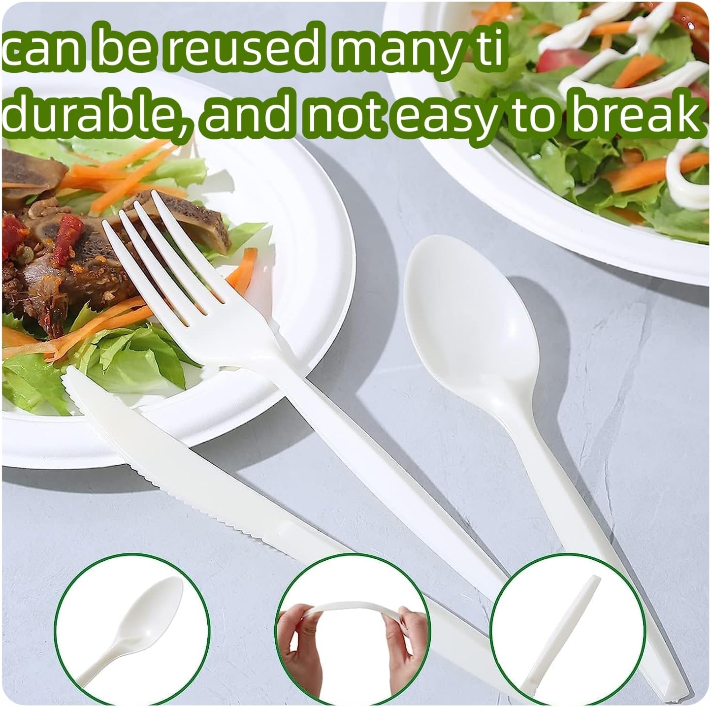 350pcs Compostable Cutlery Set Eco-friendly Heavy Duty Compostable Utensils Disposable silverwar No Plastic Biodegradable Utensils for party BBQ, Picnic Events,Daily Use