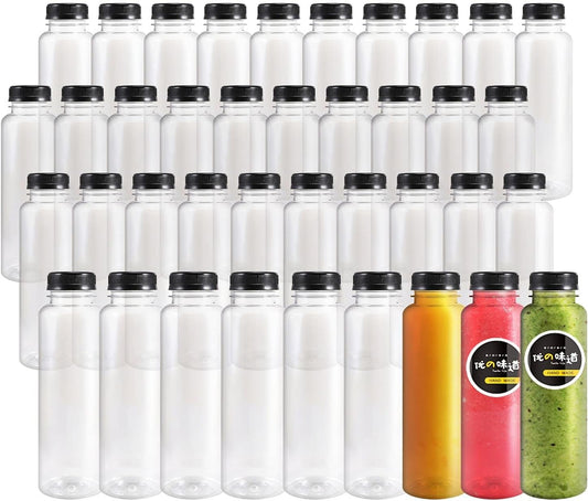 40pcs 12oz Plastic Juice Bottles with Caps, Empty PET Disposable Plastic Bottles, Clear Bulk Drink Containers with Black Tamper Evident Lids for Juicing, Drinking and Other Beverages