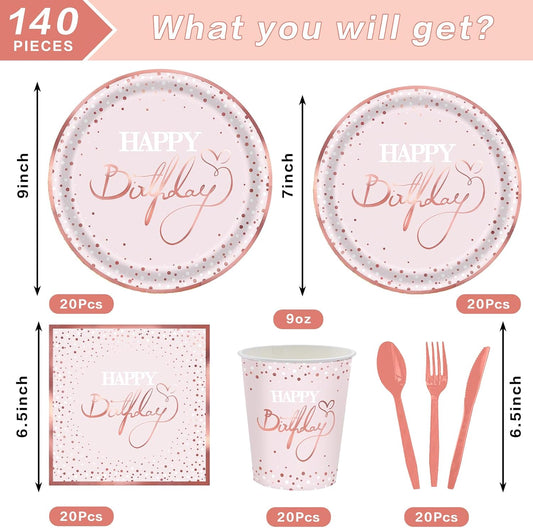 140 Pcs Pink Rose Gold Birthday Decorations for Women Golden Dot Paper Plates Napkins Cups for Baby Shower Decorations Serves 20