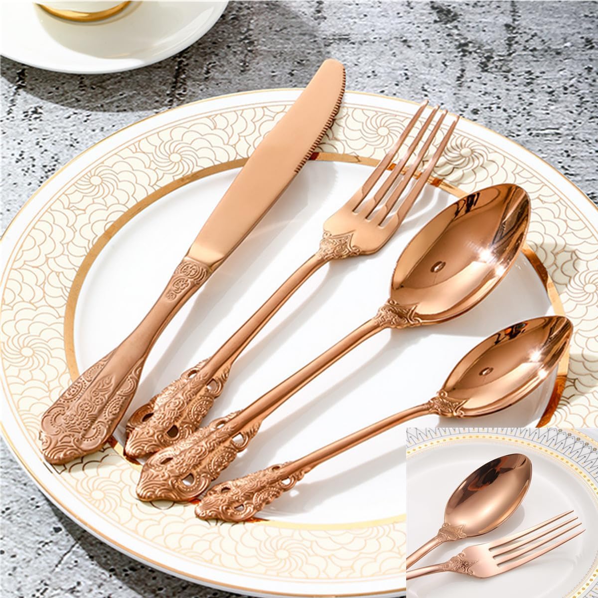 Royal Silverware Set for 8 Copper/Rose Gold Stainless Steel Flatware Retro Cutlery Vintage Eating Utensils Carved Design for Home Kitchen Restaurant Parties