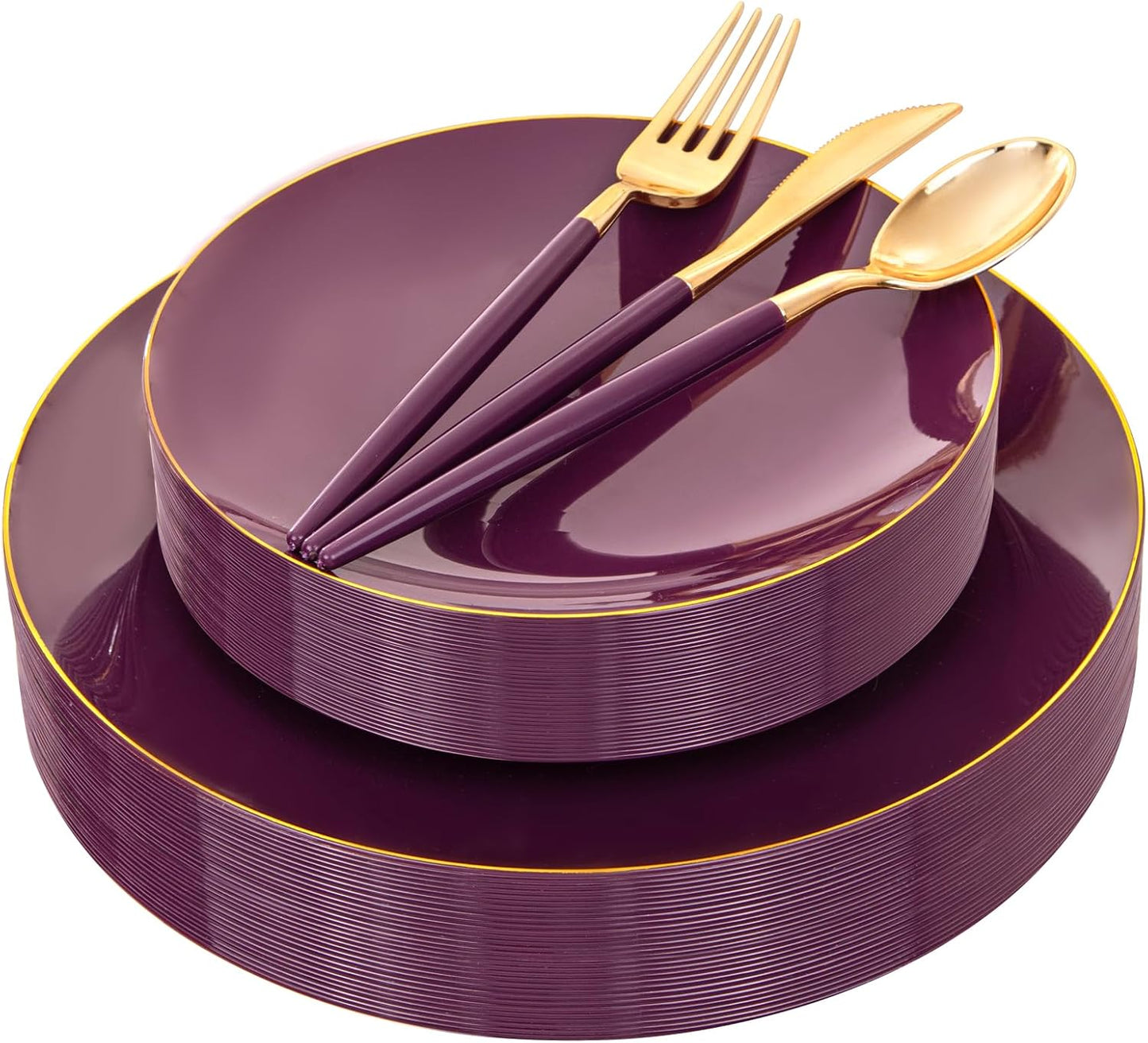 Liacere 150PCS Purple Plastic Plates - Gold Plastic Silverware with Purple Handle - Disposable Plates Include 30 Guests Plates, Forks, Spoons, Knives for Wedding&Father's Day&Independence Day