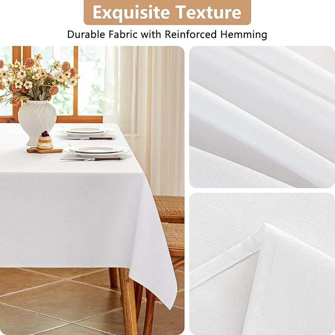 Fabric White Rectangle Table Cloth, Faux Linen Textured Spill Proof & Reusable Tablecloth for 8 Foot Rectangular Table, Easy Clean for Dining Banquet Wedding, 54 x 108 Inch