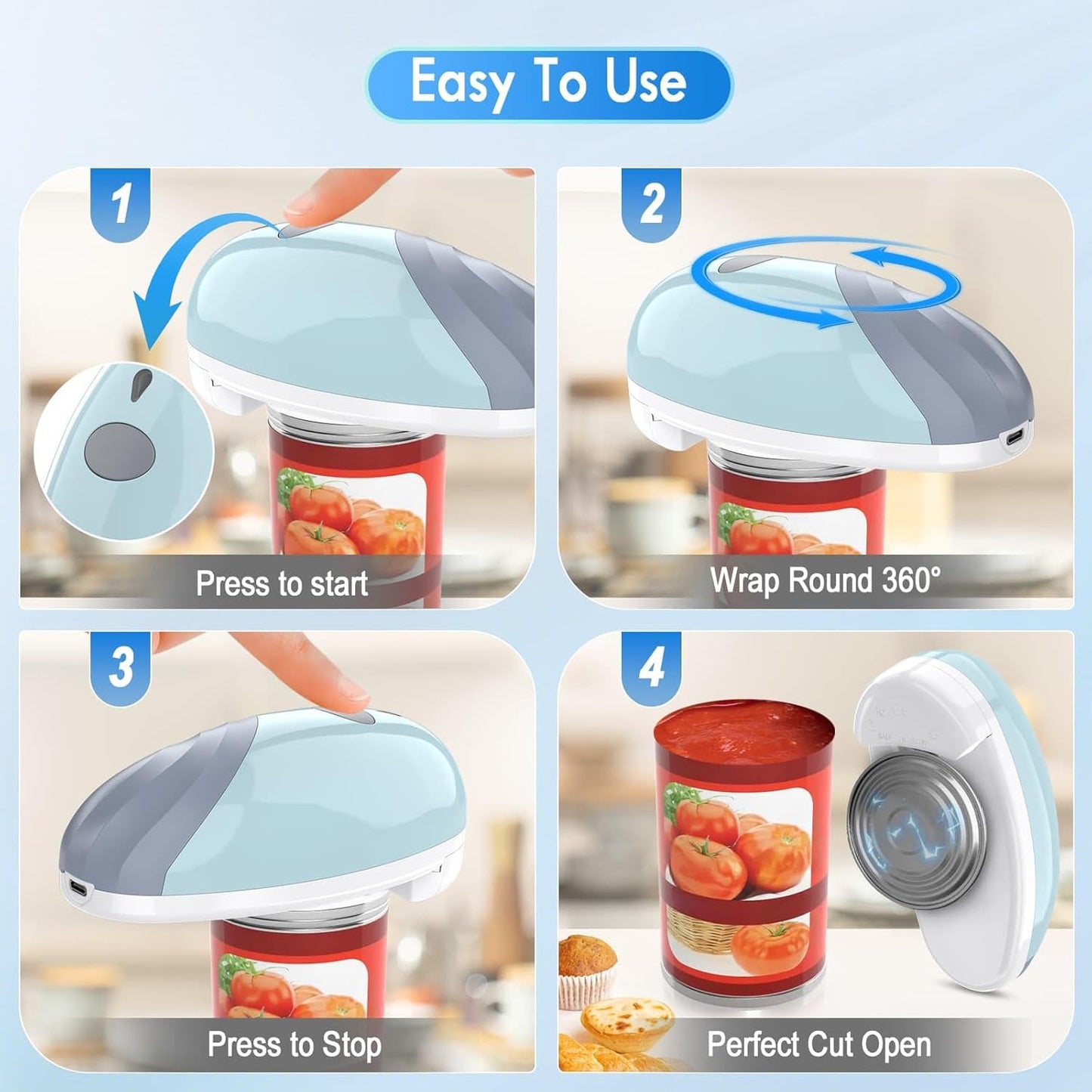 HuiJuKeJi Electric Can Opener, Rechargeable Automatic Can Opener for Seniors with Arthritis, One-Touch Hands-Free Can Opener for Almost Can Sizes, Smooth Edge & Food-Safe Kitchen Gadgets-Blue