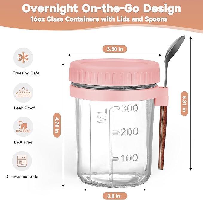 6 Pack Overnight Oats Containers with Lids and Spoons,16oz Mason Overnight Oats Jars for Yogurt,Grains,Fruits,Vegetables,Salads