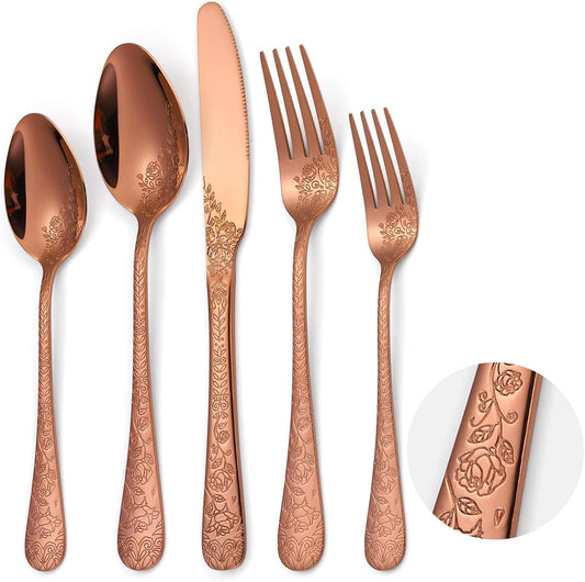 Vintage Flatware Copper/Rose Gold Floral Silverware 30 Piece Stainless Steel Set for 6 Cutlery Utensils Unique Embossed Pattern Design Elegant Home Kitchen Restaurant Festival Parties…