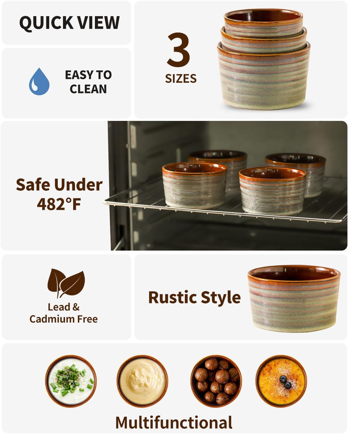 Hasense Ramekins Oven Safe, 6 Ounce Ceramic Souffle Dishes Set of 6, Small Dipping Sauce Bowls for Pudding, Creme Brulee, Souffle, Serving Dip, Custard, Light Grey