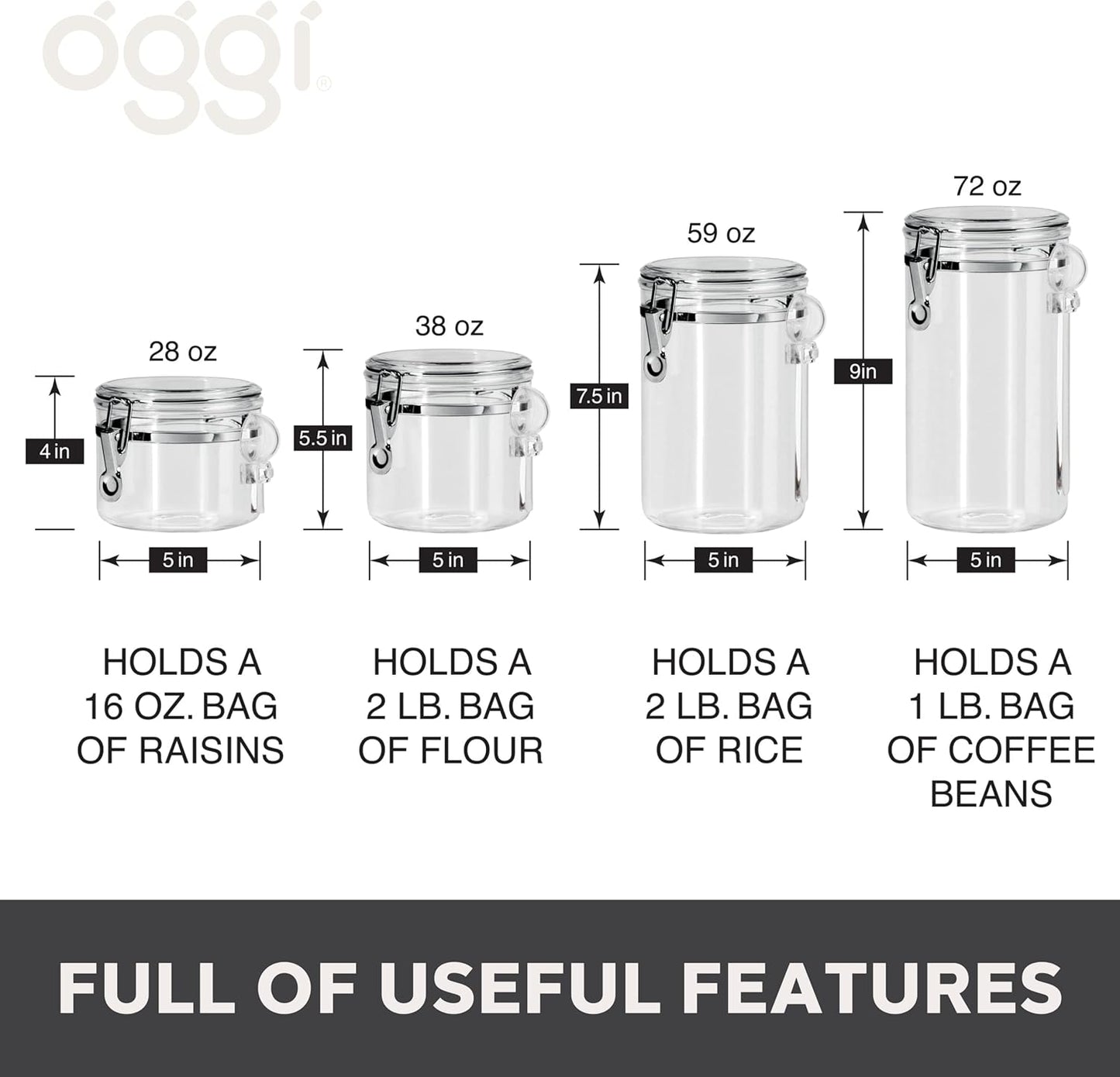 Oggi 4pc Clear Canister Set with Clamp Lids & Spoons - Airtight Food Storage Containers, Ideal for Kitchen & Pantry Storage of Bulk, Dry Food Including Flour, Sugar, Coffee, Rice, Tea, Spices & Herbs