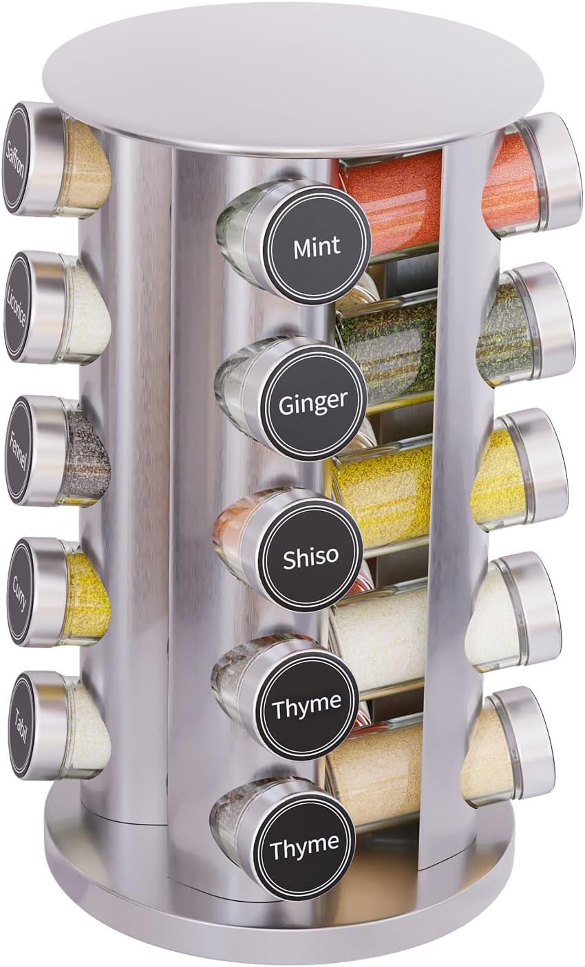 New England Stories Revolving Spice Rack Set with 20 Spice Jars, Kitchen Spice Tower Organizer for Countertop or Cabinet - Carousel Storage Includes 386 Spice Labels (Silver)