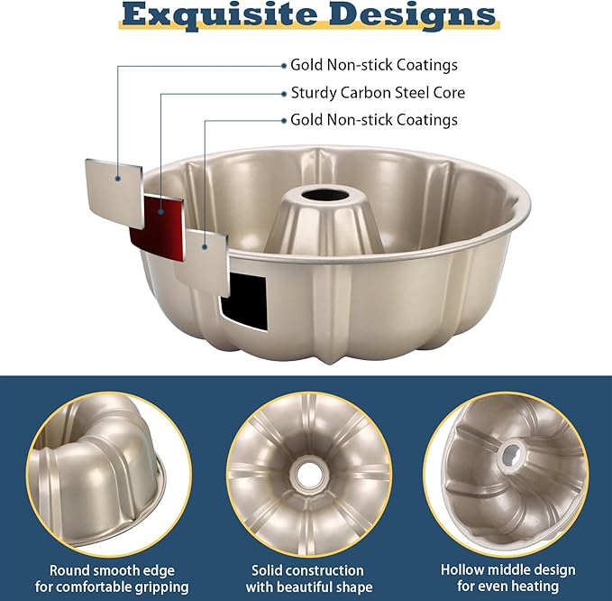 P&P CHEF 10 Inch Light Gold Non-stick Cake Pan, Carbon Steel Fluted Tube Round Baking Pan for Pound Cake, 10-Cup Large Capacity Bakeware, Healthy & Heavy Duty, 2 Pieces