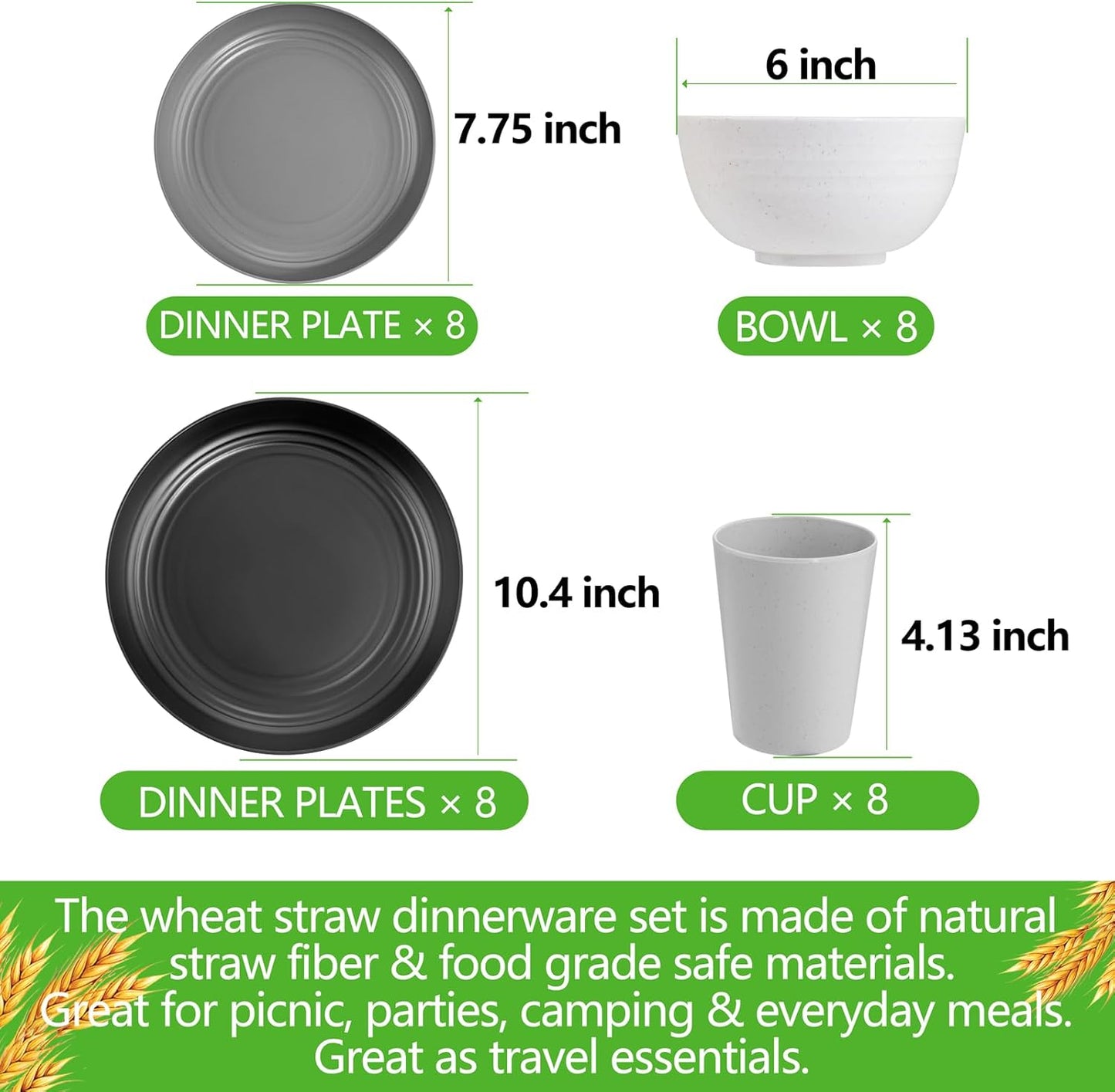 Supernal 32pcs Wheat Straw Dinnerware Sets,Plates and Bowls Sets,Reusable Plastic Plate,Microwave Dishwasher Safe,Plastic Dinnerware Set,Four Color Set 16pcs Plates,8pcs Bowls,8pcs Cups