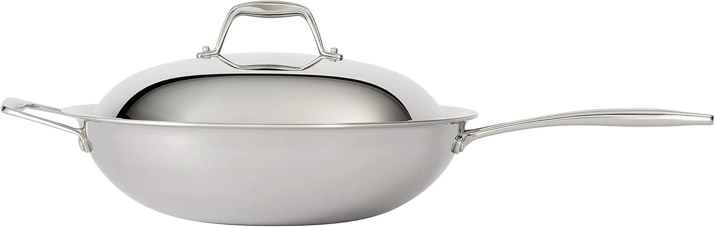 Tramontina Signature Tri-Ply Clad Stainless Steel 12.5-Inch Wok with lid, Induction-Ready, Dishwasher-Safe, NSF-Certified, Made in Brazil