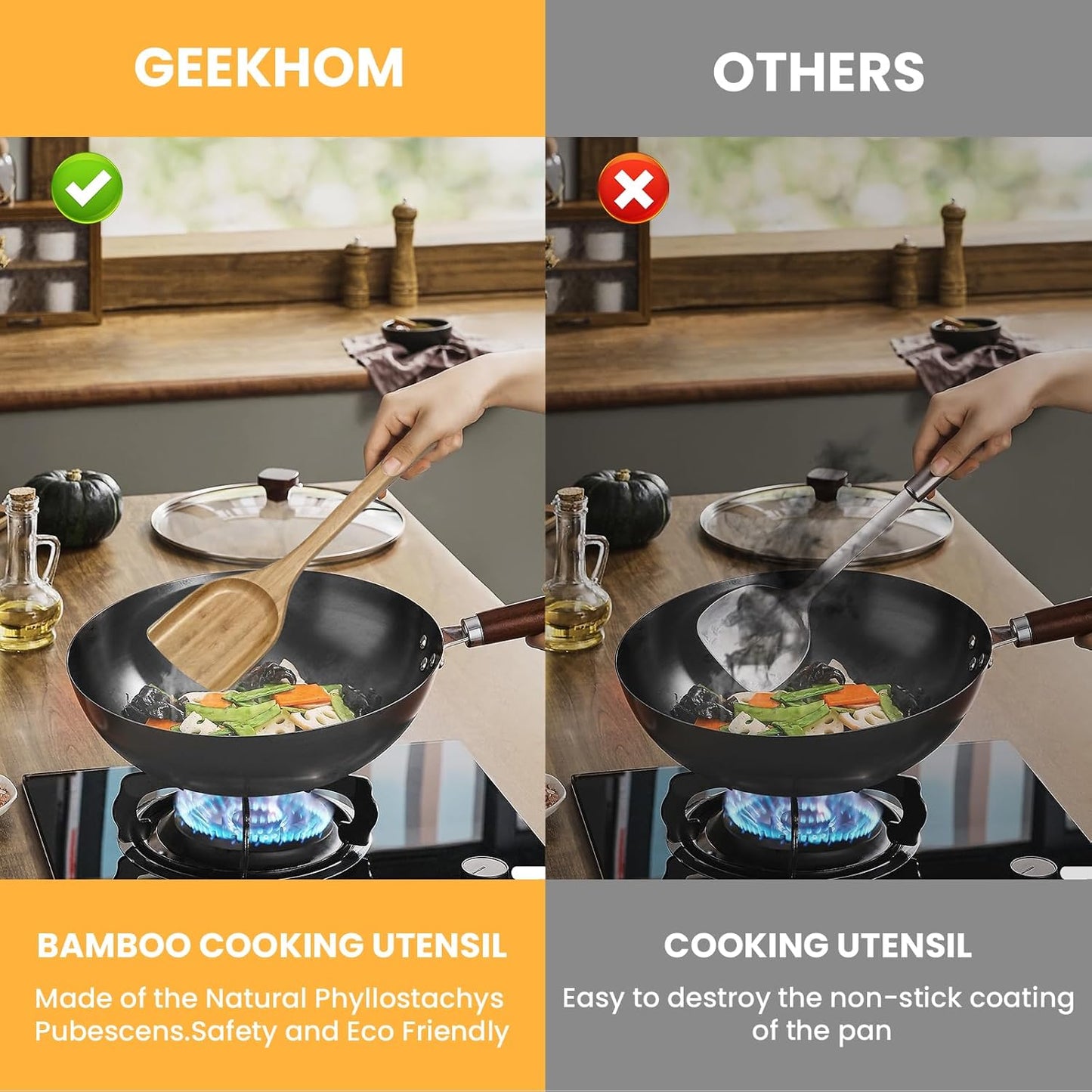 GEEKHOM Bamboo Spatulas for Nonstick Cookware, 13 Inch Wooden Kitchen Utensils, 2 Pack Flat Wood Spatula Turners for Cooking Stirring, Flipper for Pancake, Fish, Egg