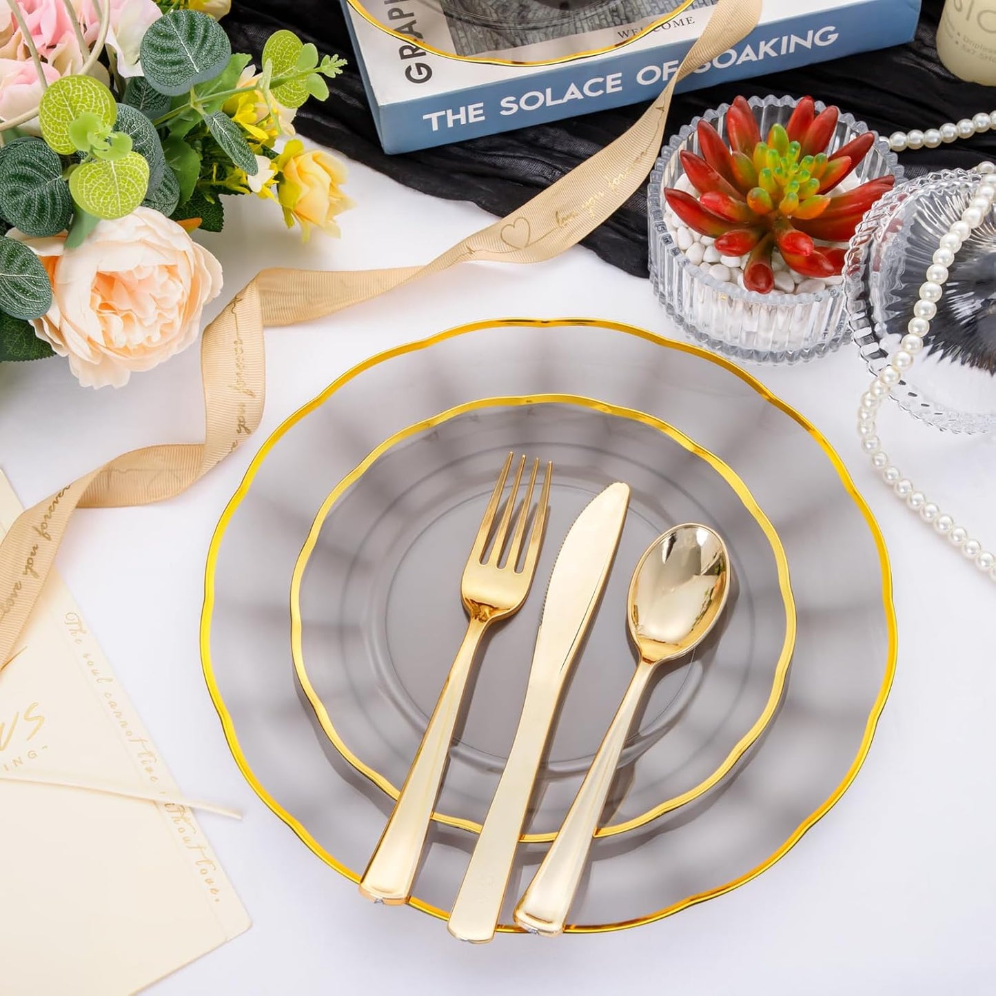 EI 150pcs Clear Black Dinnerware Set,Clear Black Fancy Plastic Plates with Gold Rimmed and Gold Plastic Silverware,Heavy Duty Party Plates Disposable for Halloween, Afternoon Tea,Wedding