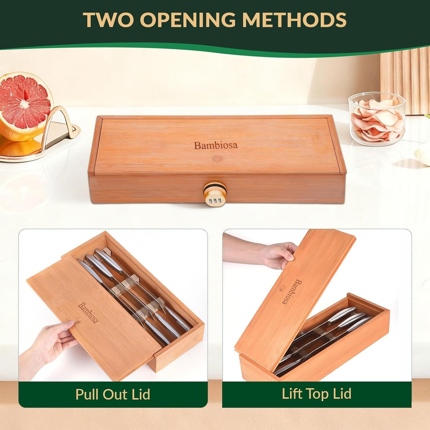Kitchen Drawer Knife Organizer, Kid Safe Combination Lock Knife Drawer Organizer, Double Layer Bamboo Board, Includes Bamboo Tongs and Cleaning Cloth (Knives Not Included)