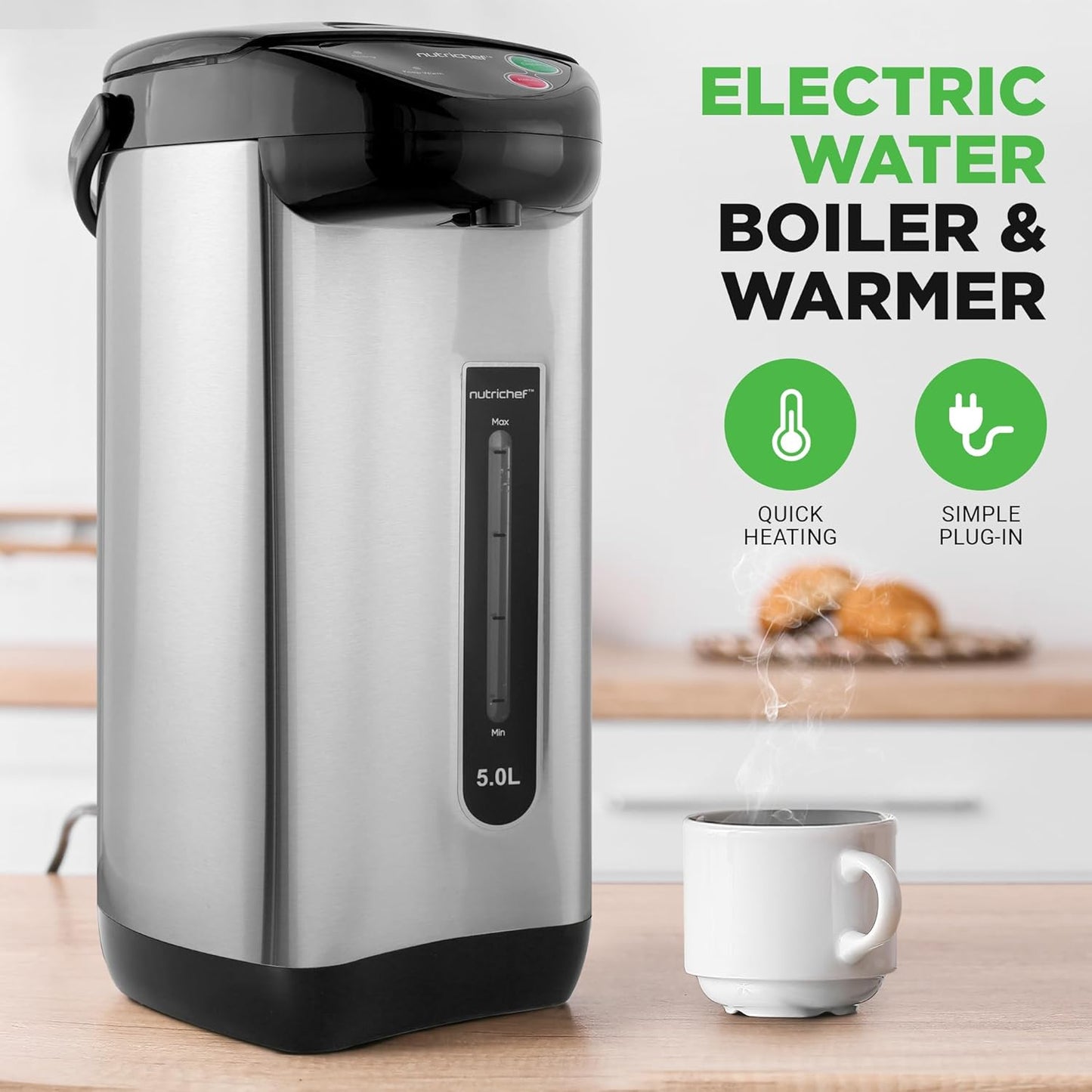 NutriChef 5.2 Qt Electric Water Kettle, Quick Heating, 5 Liter Digital Kettle with 5 Temperature Settings, Safety Lock, Stainless Steel, 3 Dispensing Options, Easy to Clean, 8.46" x 11.2" x 16.5"