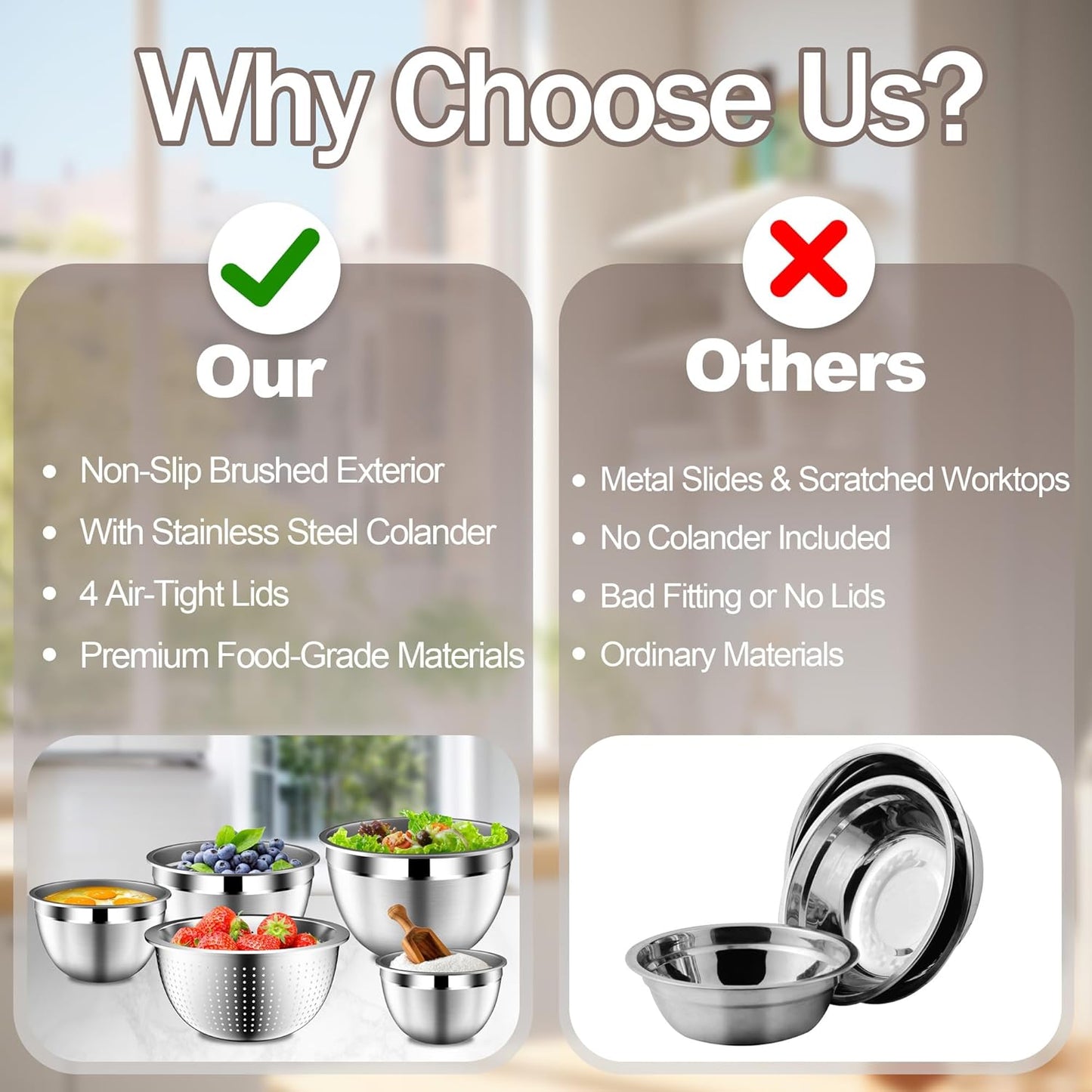 Stainles Steel Mixing Bowls with Lids Set, Stackable Metal Mixing Bowl with Strainer, 5-Piece - Beige