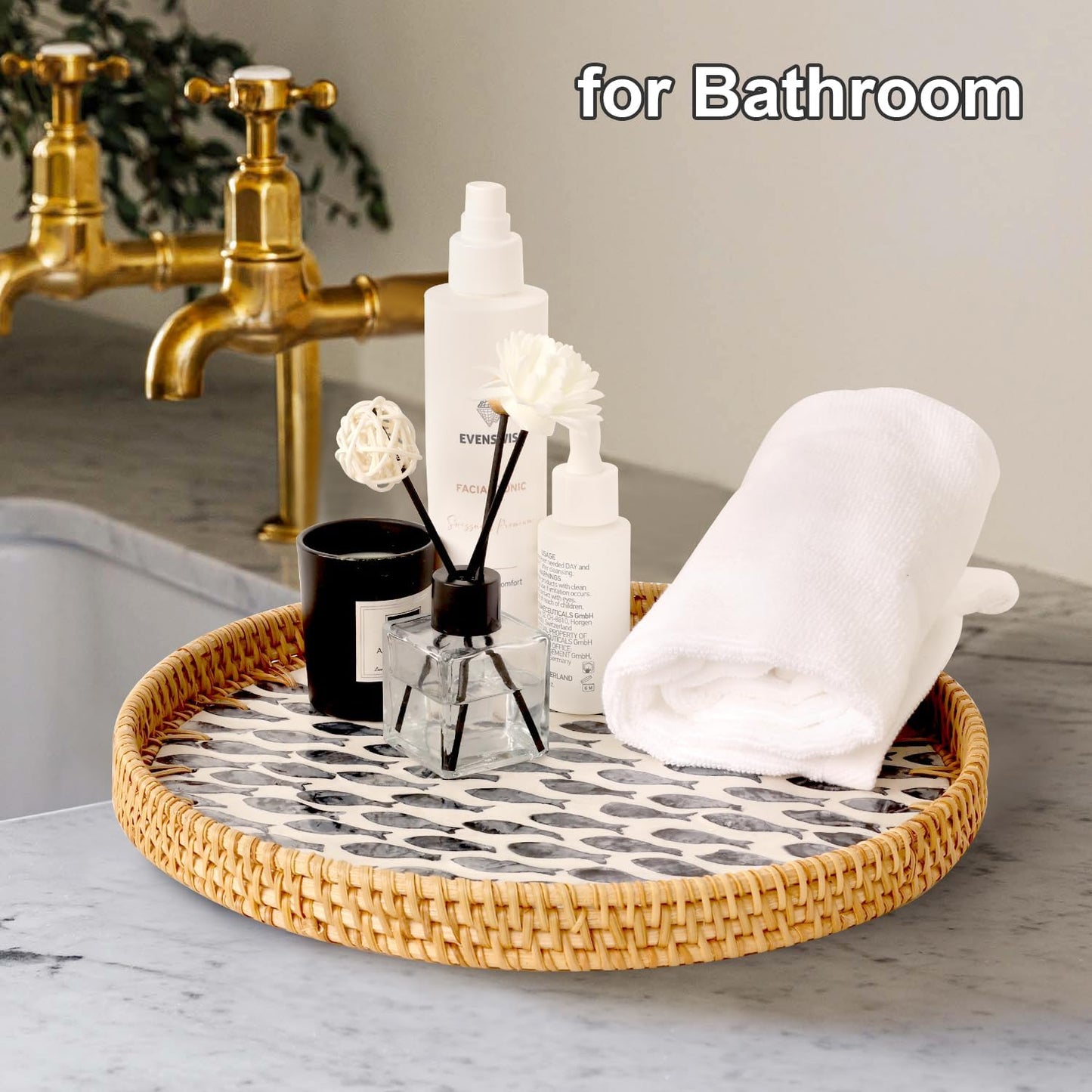 Round Rattan Tray with Mother of Pearl Inlay, Rattan Serving Tray for Coffee, Bread, Fruits, Decorative Wicker Tray for Table Decor, Home Decor, Kitchen Island Decor (Dark Blue Fish, 11.8")