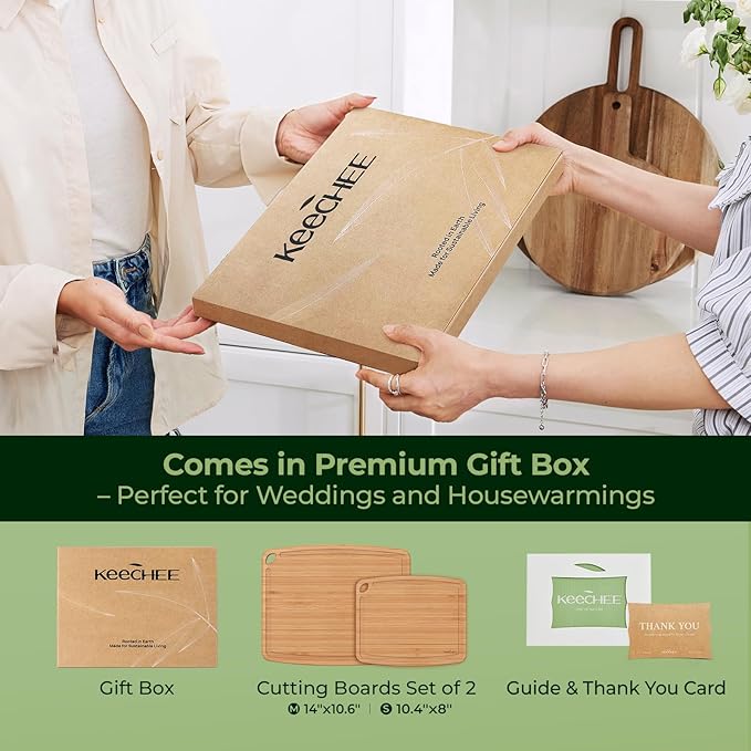 Dishwasher Safe Bamboo Cutting Boards Durable Lightweight Wood Cutting Board for Busy Kitchen, Easy Storage & Clean Wooden Chopping Boards with Juice Groove Set of 2 (M+S)