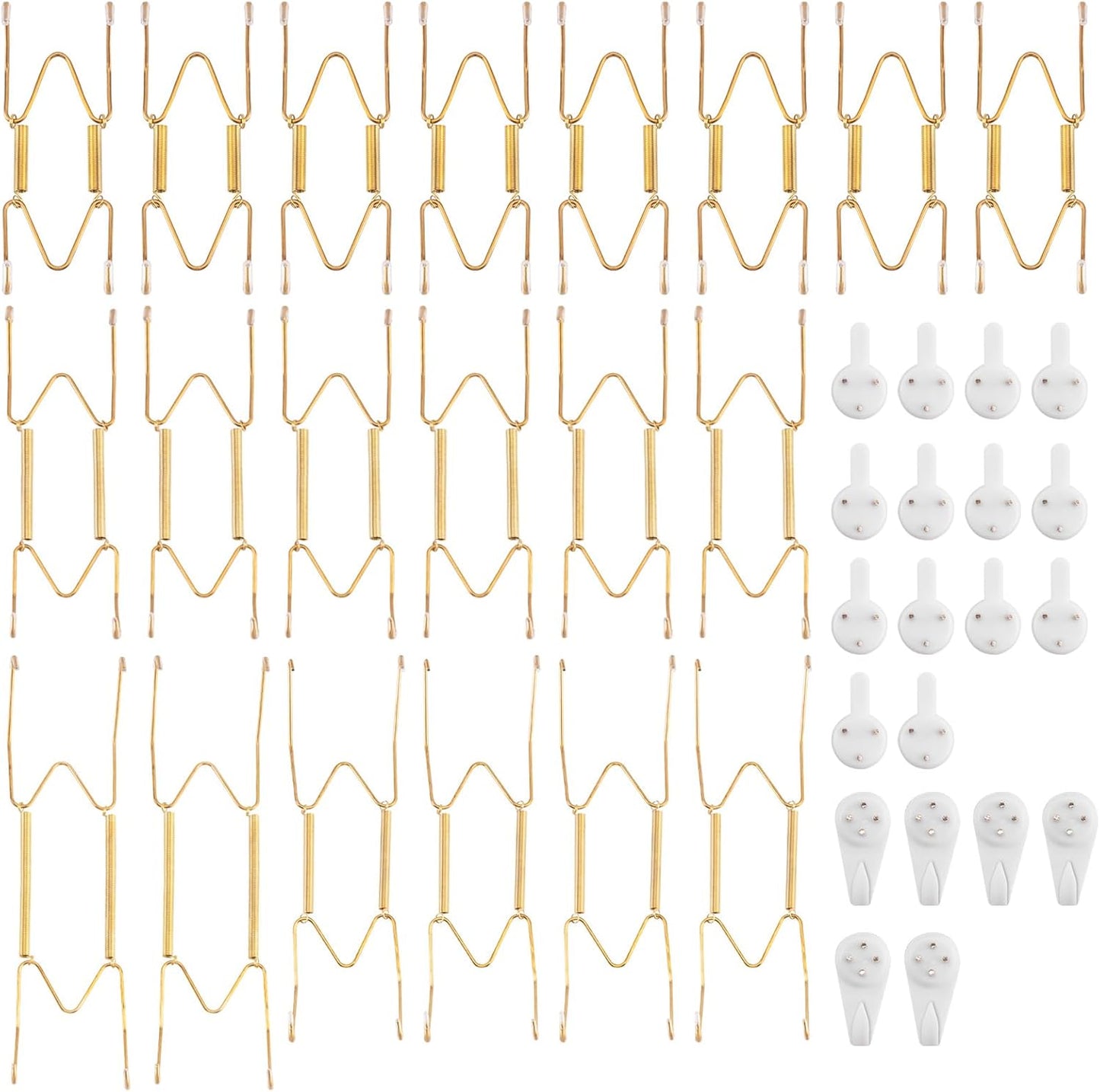Bilillo 20 Pieces Stainless Steel Spring Plate Hangers for The Wall, 4/6/8/10 Inch Invisible Wire Holders with 20 Pcs Wall Hooks, Fit 4-11 Inch Decorative Plates, Platters & Dishes (Gold)