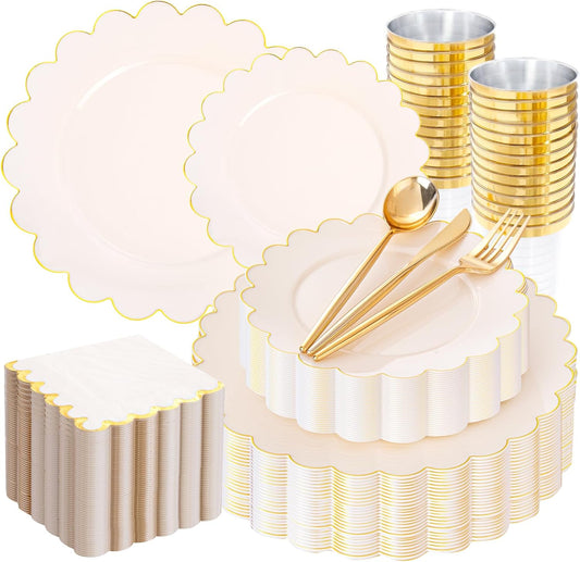 LIYH 210 Pcs Ivory Plastic Plates Thanksgiving Plastic Plates Cream Gold Scalloped Plate Thanksgiving Dinnerware sets Include Plate Gold Silverware Napkins Cup for Birthday Friendsgiving Day 30 Guests