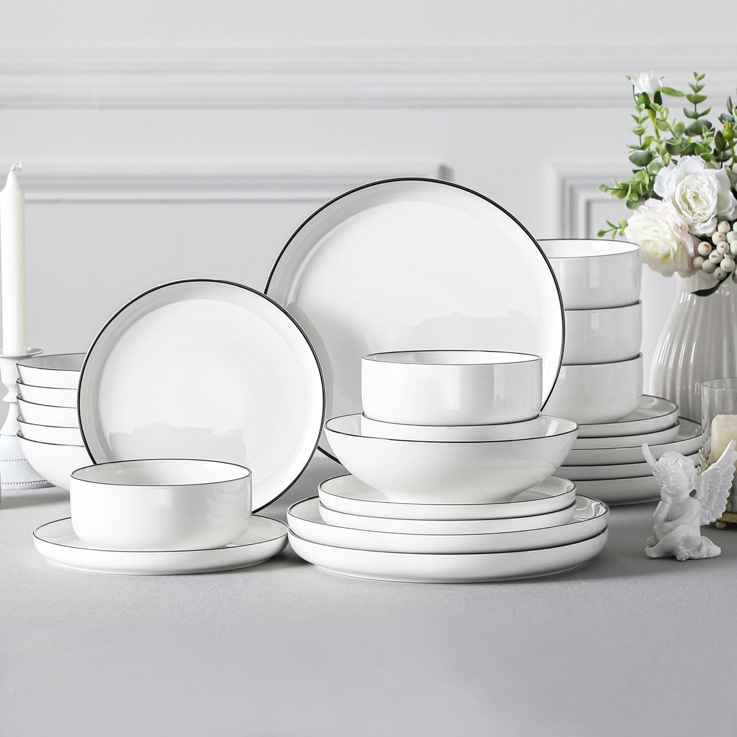 MALACASA Plates and Bowls Sets, 24 Pieces Modern Porcelain Dinnerware Set for 6 Ceramic Dishware Dishes White Kitchen Dinner Dining Ware Set wtih Black Rim Microwave and Dishwasher Safe, Series LUNA