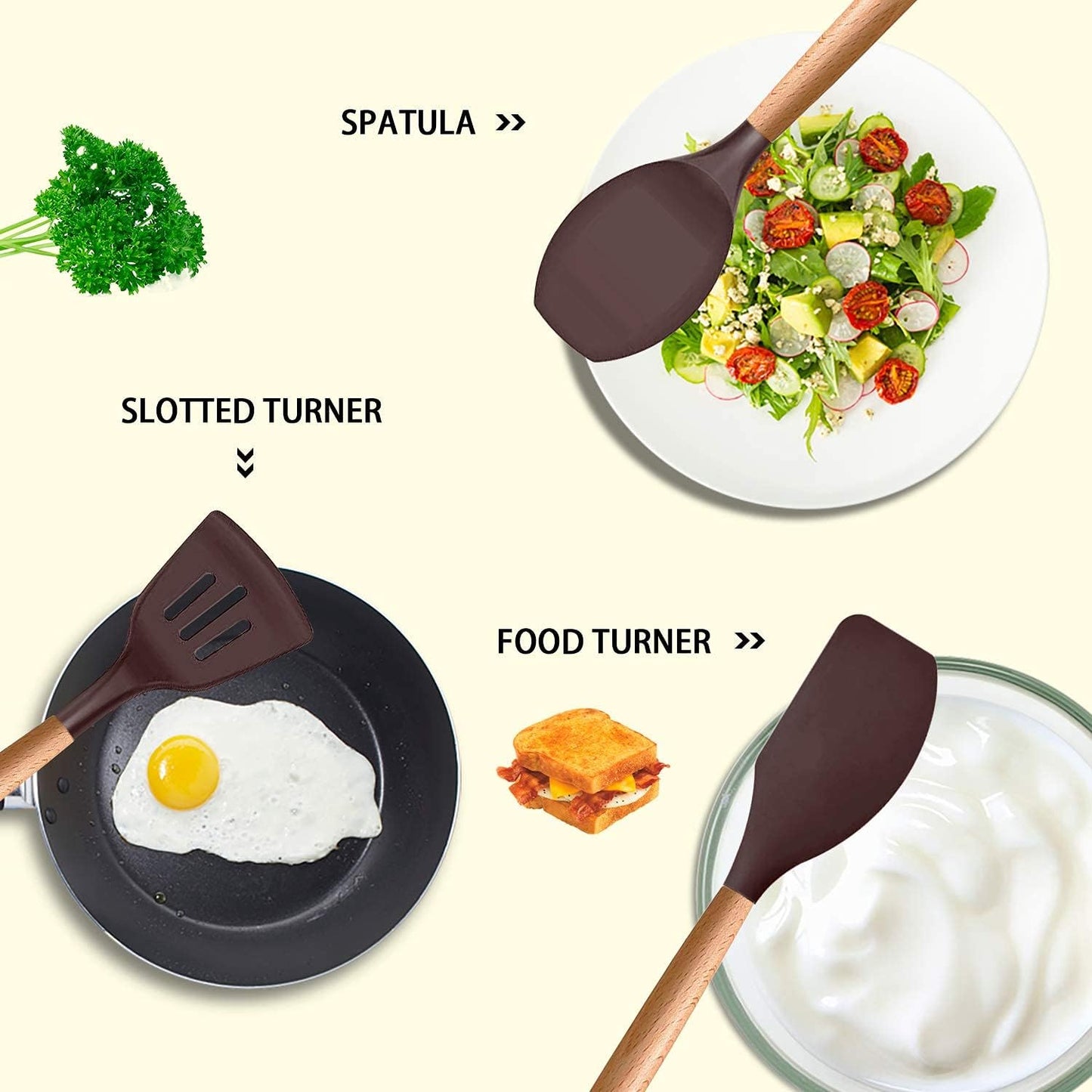 MIBOTE Silicone Cooking Kitchen Utensils Set with Holder, Wooden Handles BPA Free Non Toxic Silicone Turner Tongs Spatula Spoon Kitchen Gadgets Utensil Set for Nonstick Cookware (Coffee)