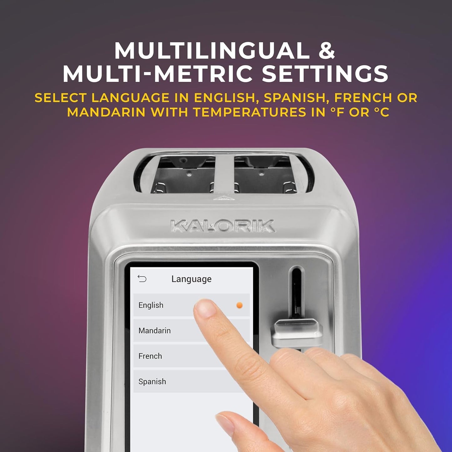 Kalorik Toaster VIVID TOUCH Series 2-Slice with Large High-Resolution Touchscreen and Customizable Cooking Presets by Bread Type, Features Wide Slots and High Lift Lever, 1000-Watts, Stainless Steel