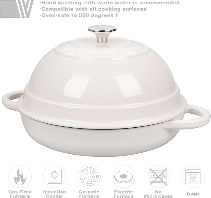Cast Iron Enameled Dutch Oven Pot with Lid for Bread Baking, Bread Oven, 6 Quart, White