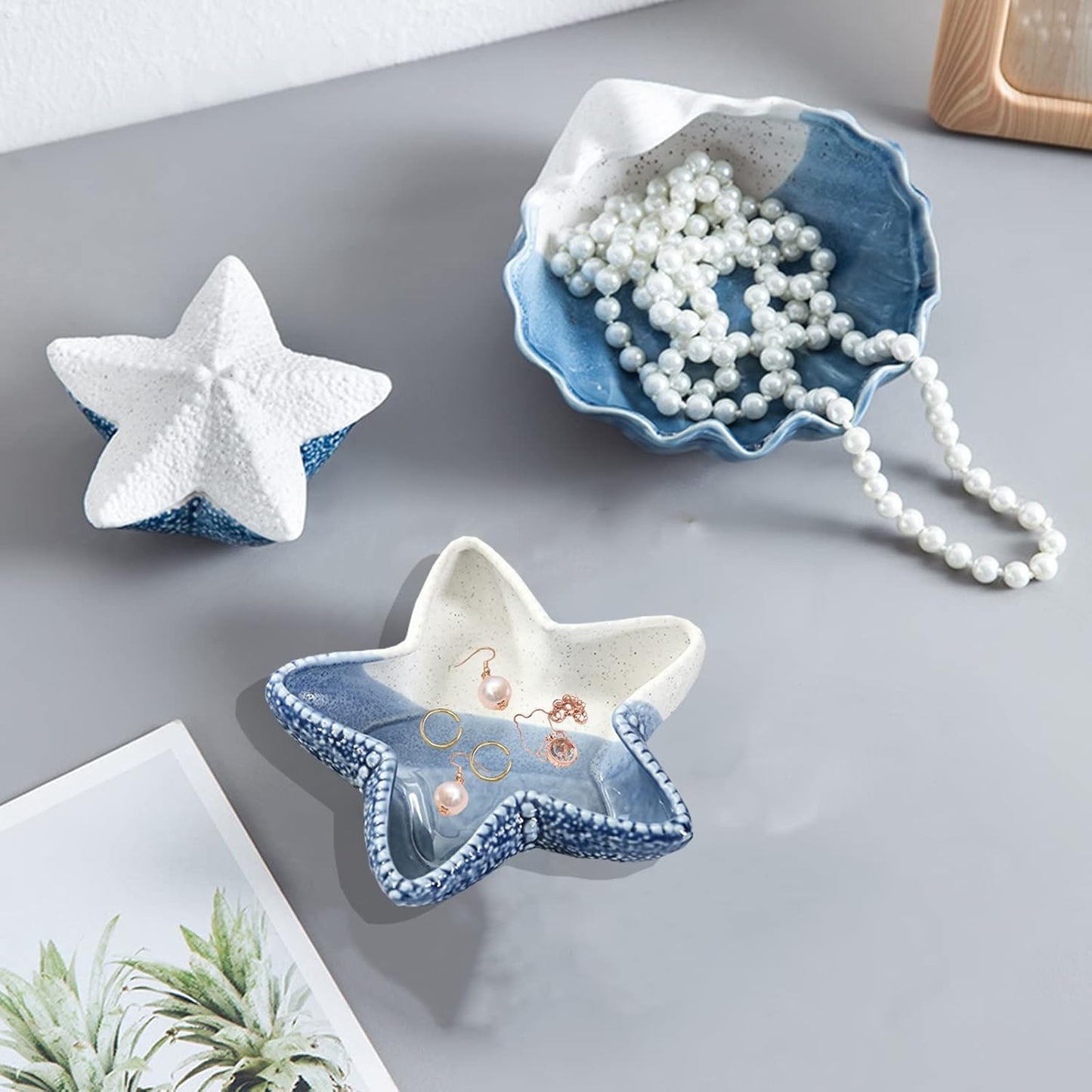 Starfish Jewelry Dish Tray, Ceramic Ring Holder for Jewelry, Trinket Tray Candy Dishes, Jewelry Tray Jewelry Plate Small Key Bowl for Entryway Table Birthday Home Party Decor (D STYLE)