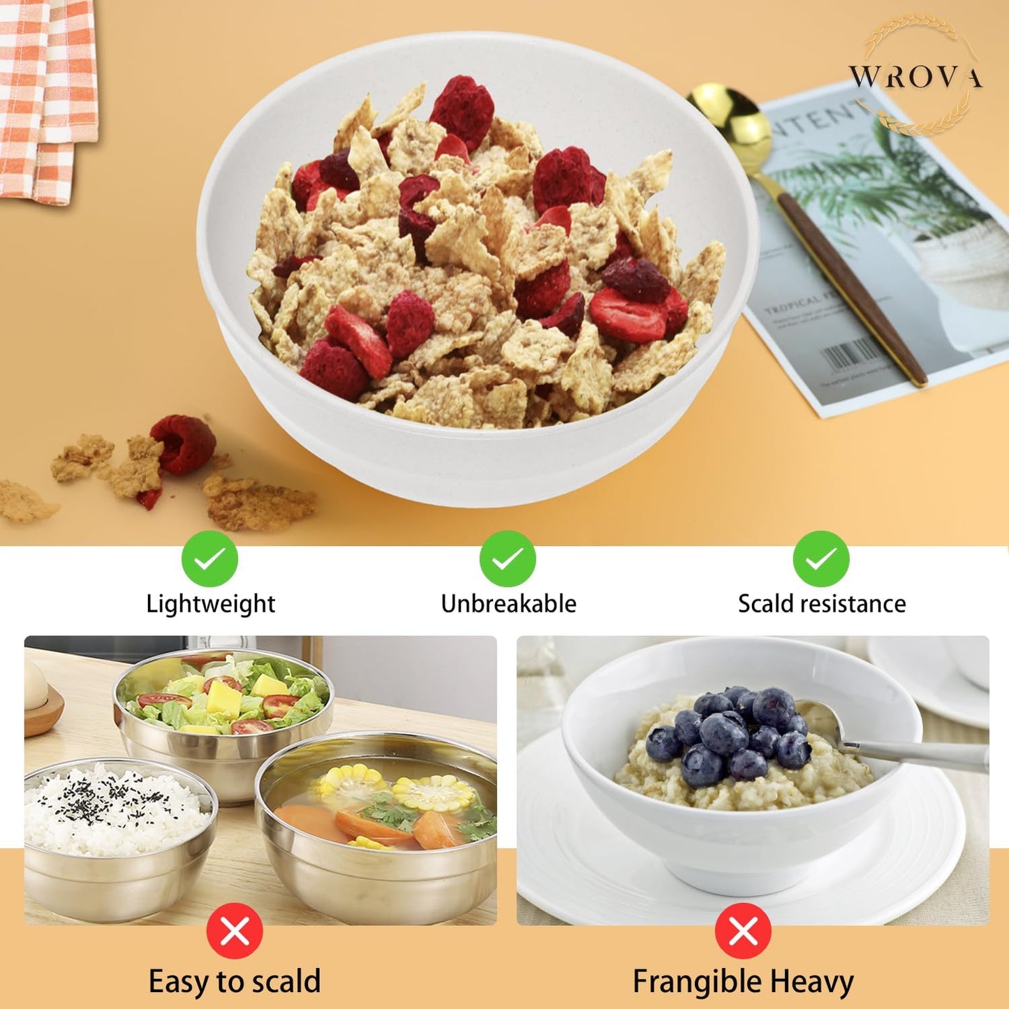 Wrova Wheat Straw Bowls Set 60 OZ, Unbreakable Large White Bowls Set of 6, Microwave and Dishwasher Safe Big Cereal Bowl for Dorm and Apartment, Salad Bowl for Serving Oatmeal and Popcorn (White)