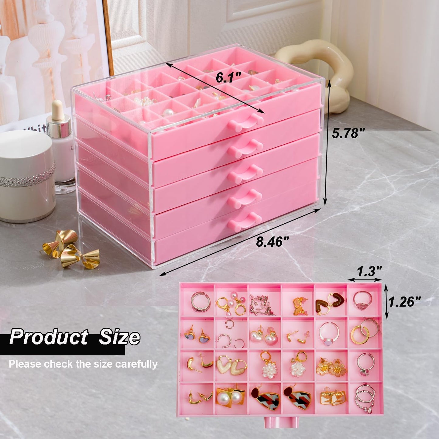 Earring Storage Box Organizer, Acrylic Jewelry Storage Box Holder 5 Drawers Transparent Jewelry Display Stand with 120 Small Compartments Gift Boxes for Women Girls (Pink)